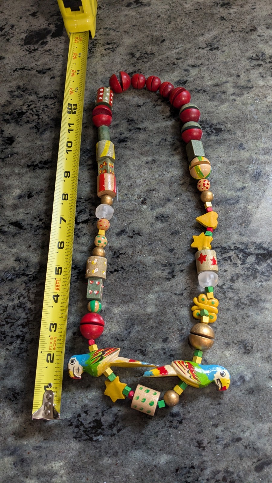 Vintage 1970 Parrot Carved Bird Tropical Theme Necklace Wood Beads Hand Painted