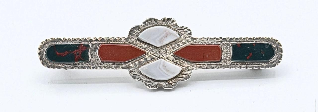 Antique 1902 Birmingham England Edwardian Scottish Agate & Sterling Pin