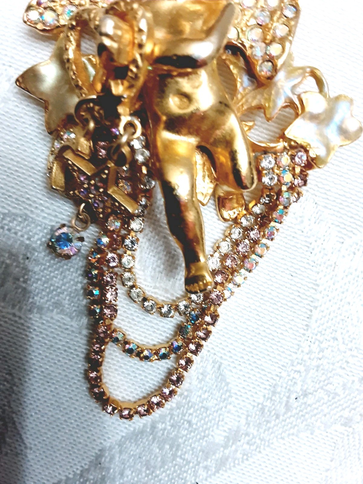 Kirks Folly Brooch Pin Seaview Angel Moon Cupid Cherub Rhinestones Gold Tone Vtg
