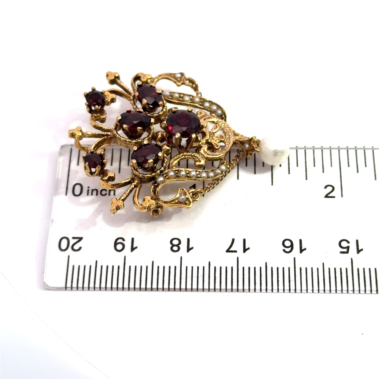 Antique 14k Stamped Yellow Gold Garnet & Pearl Brooch Pin