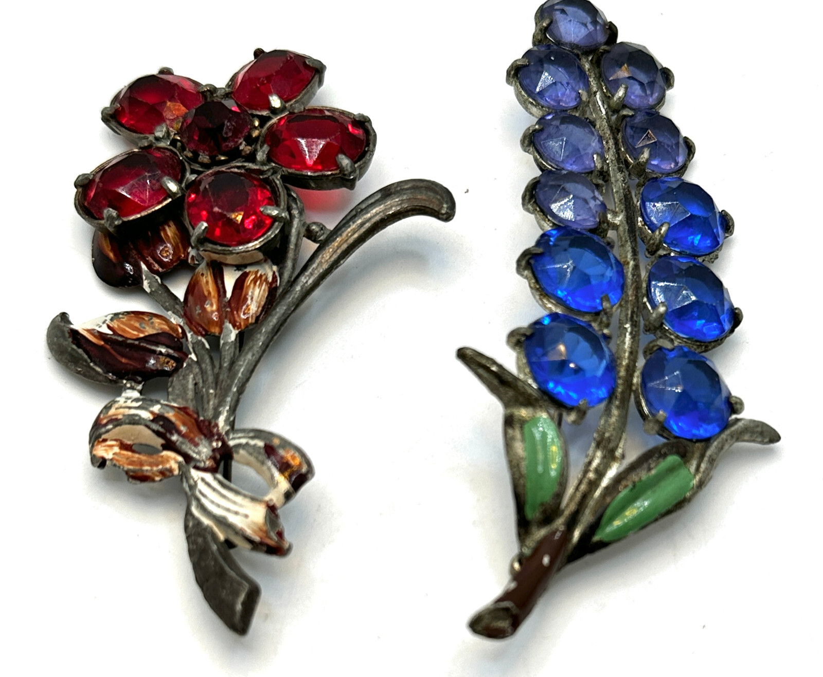 Lot 2 RARE Vtg 1930S 1940S CORO Unsigned Rhinestone Floral Enamel Brooches