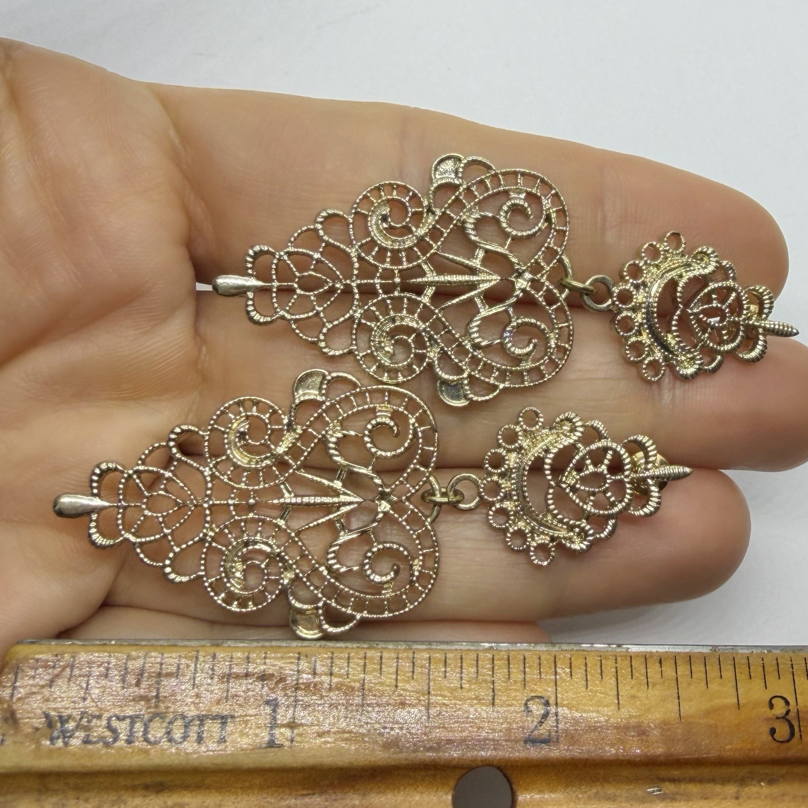 Vtg Large Victorian Revival Goldtone Drop Statement Earrings Post Dangle