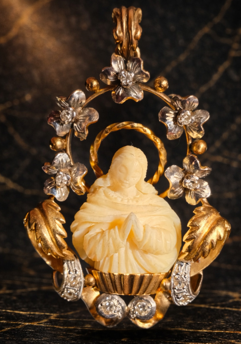 Antique Art Nouveau 18K Gold Virgin Mary Pendant Rose Cut Diamonds c1900