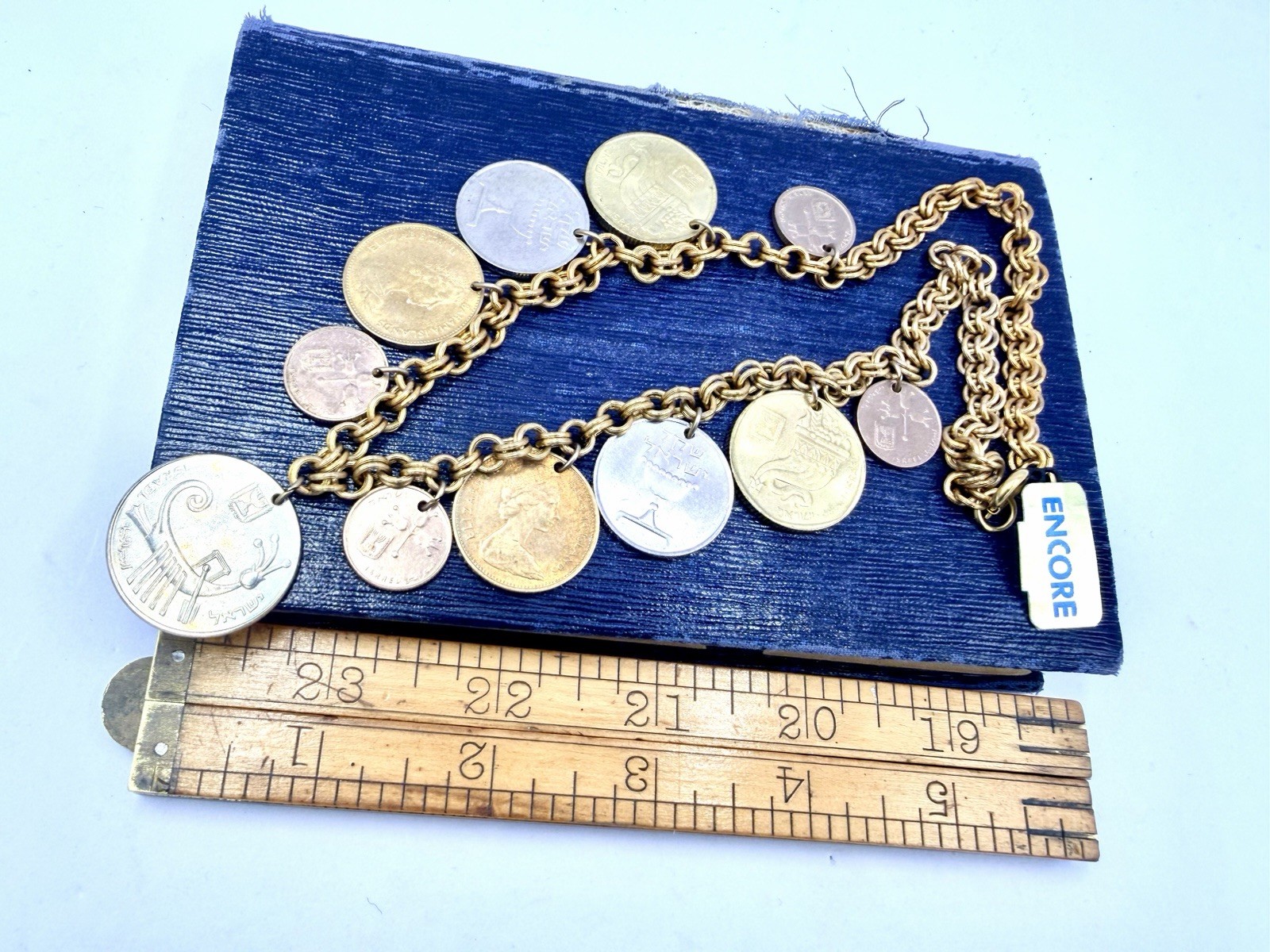 Vintage Coin Necklace Israel Bahamas Mixed Coins Charms 18” Gold Tone Chain HJ