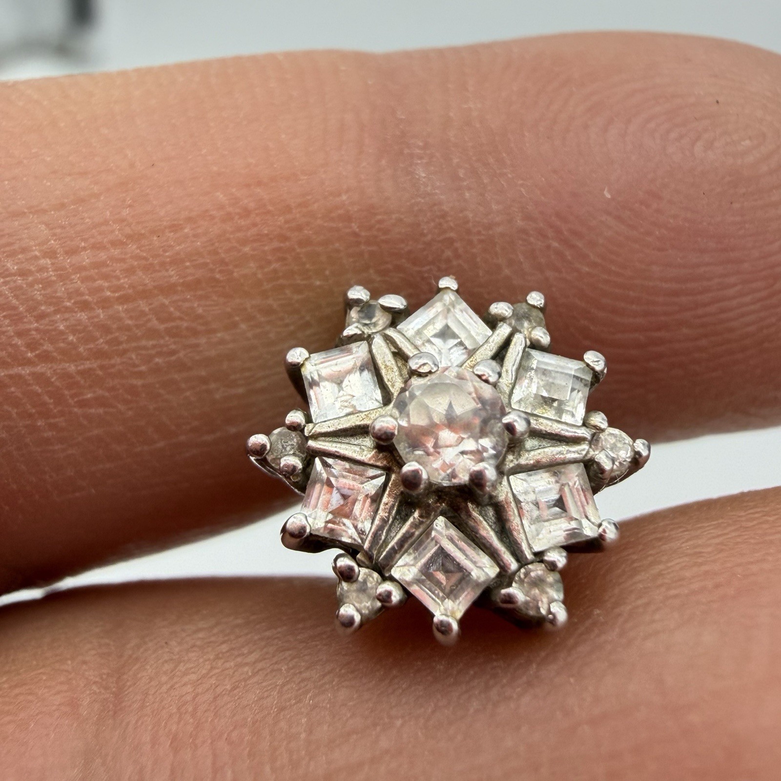 Vtg HSN Sterling Silver White Topaz Earrings Bezel Set Snowflake Starburst STS