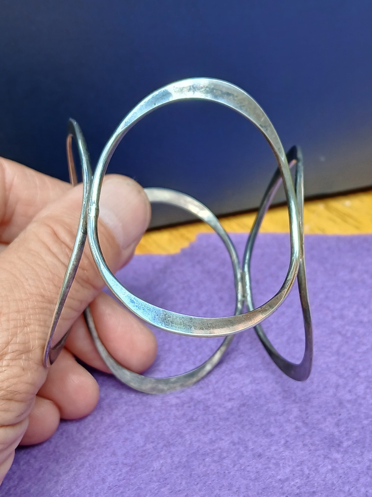 Vintage Geometric Ovals Sterling Silver Bangle Bracelet Modernist Design Art