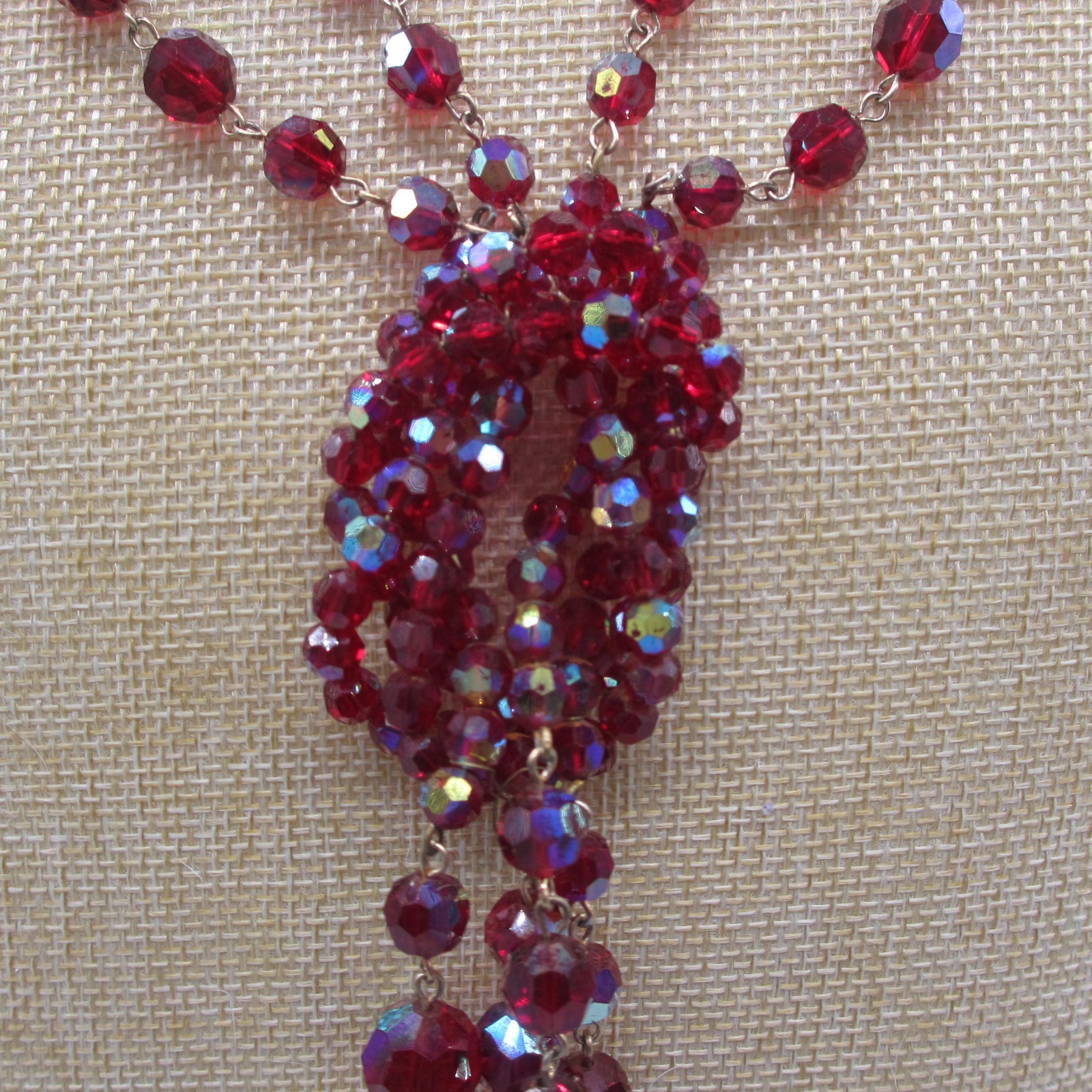Bergere Necklace Glass AB Bead Red Festoon Tassel Rhinestone ONE MISSING RS 20″