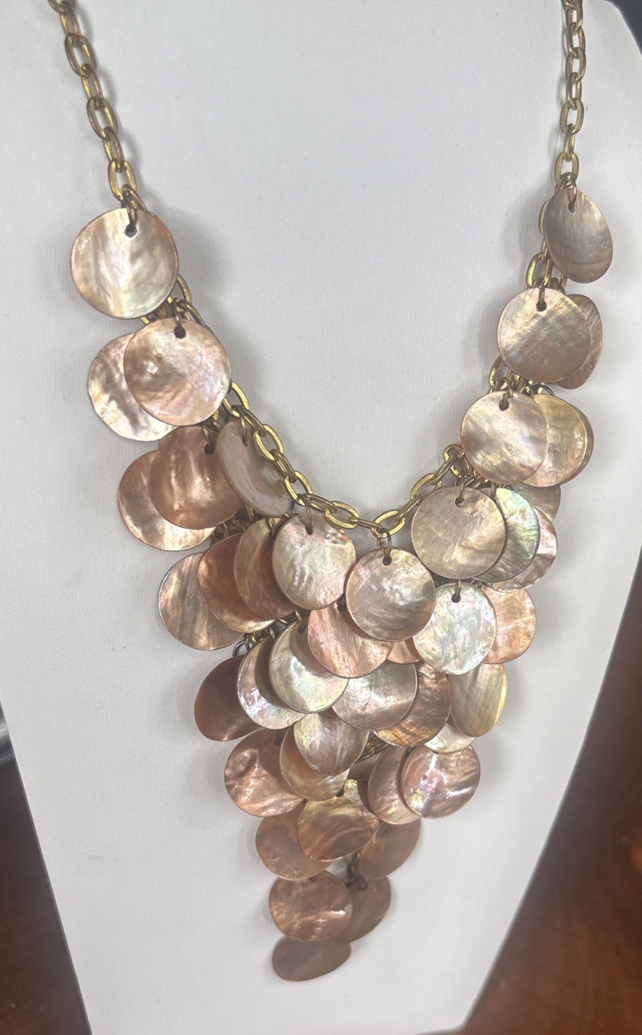 Vintage Cascading Gold & Bronze Iridescent Shell Disc Statement Bib Necklace