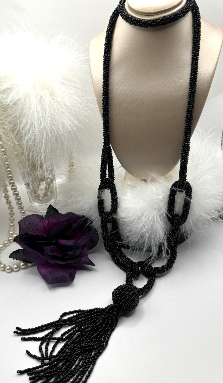 Designer Black Micro-Beaded Statement Necklace Multi-Looped Rare High End