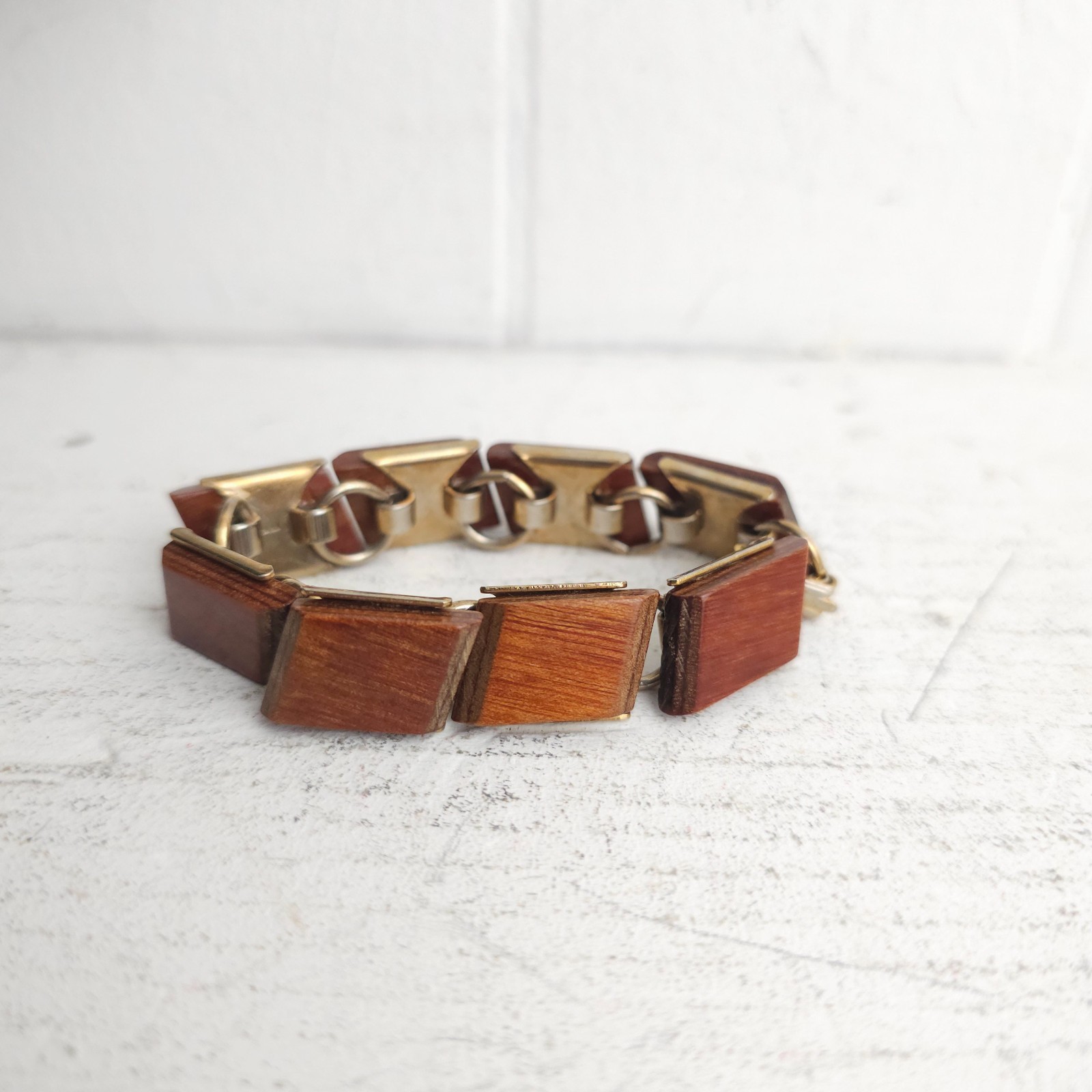Vtg Modernist MCM Wood Tile Link Bracelet Boho 1960s 70s Earthy Natural Minimal