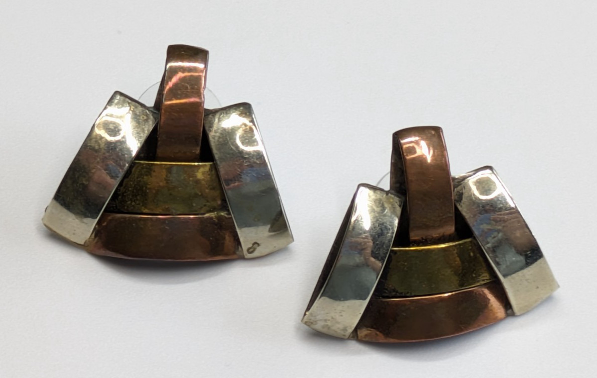 VTG Artisan Copper Brass Silver Tone Metal Modernist Pierced Earrings 7/8″