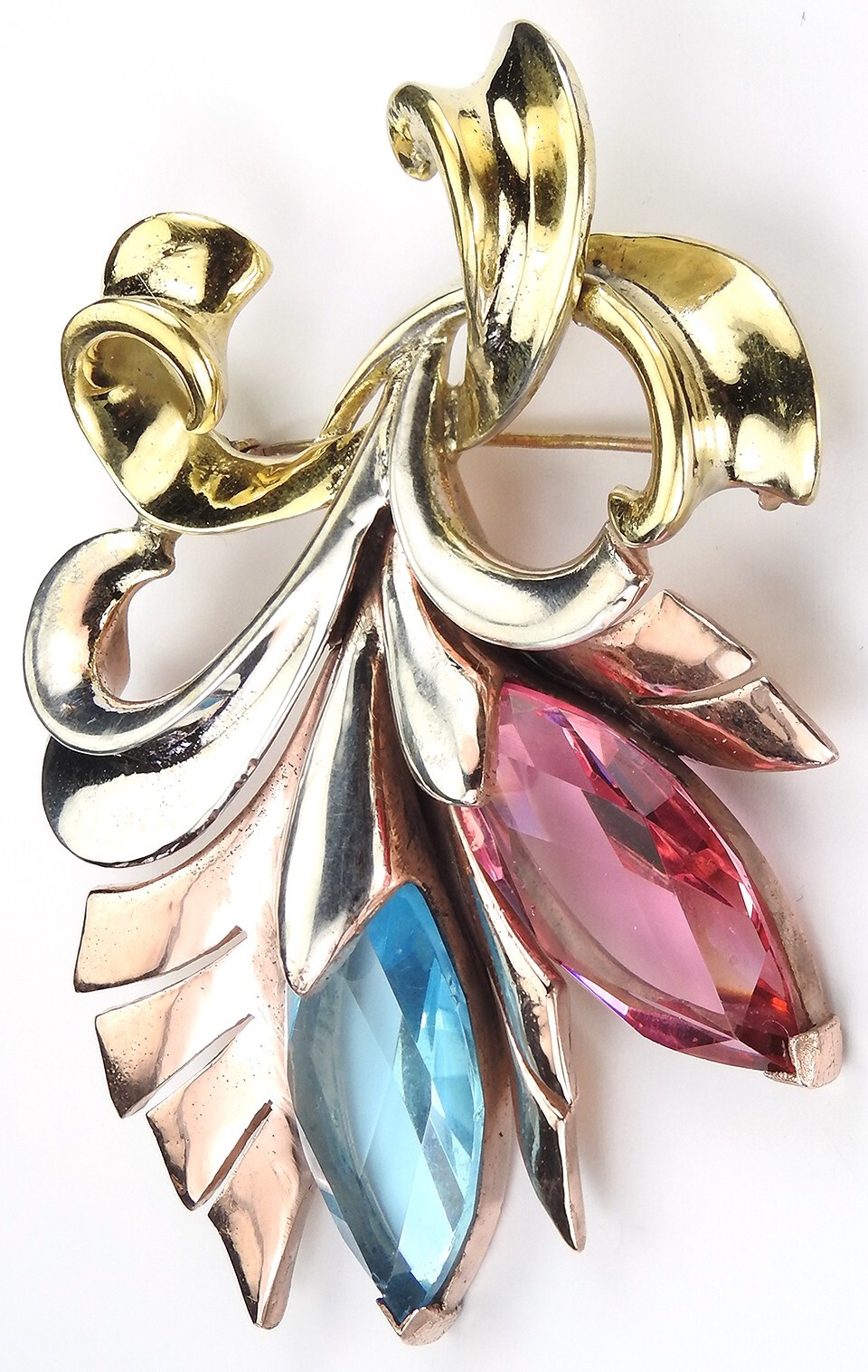 MB Boucher 3 Colour Gold Lozenge Cut Blue & Pink Topaz 2 Flower Spray Pin