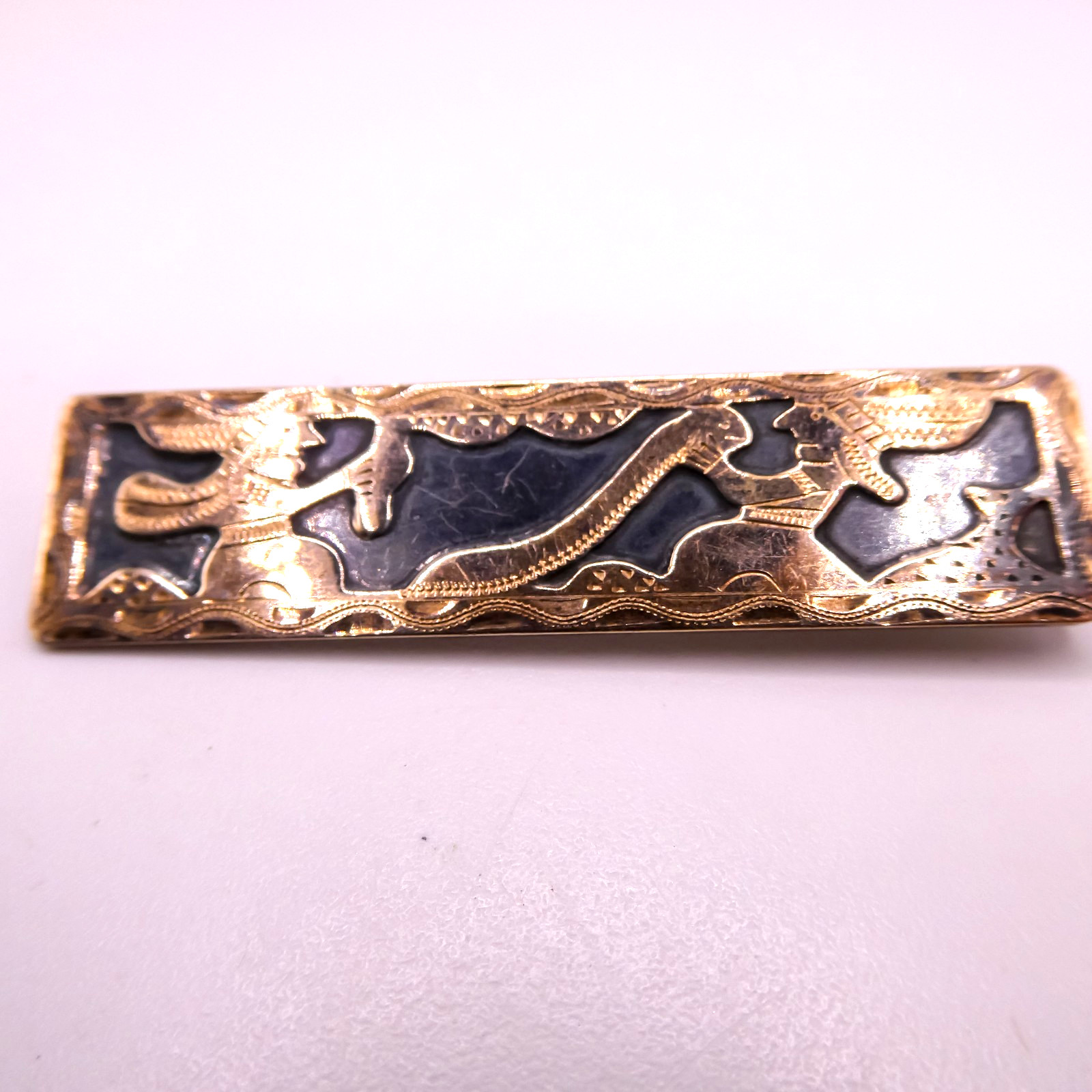 El Salvadore 12k Gold 900 Silver Aztec Snake 1930’s Brooch Pin 1.8″ HTF C-clasp