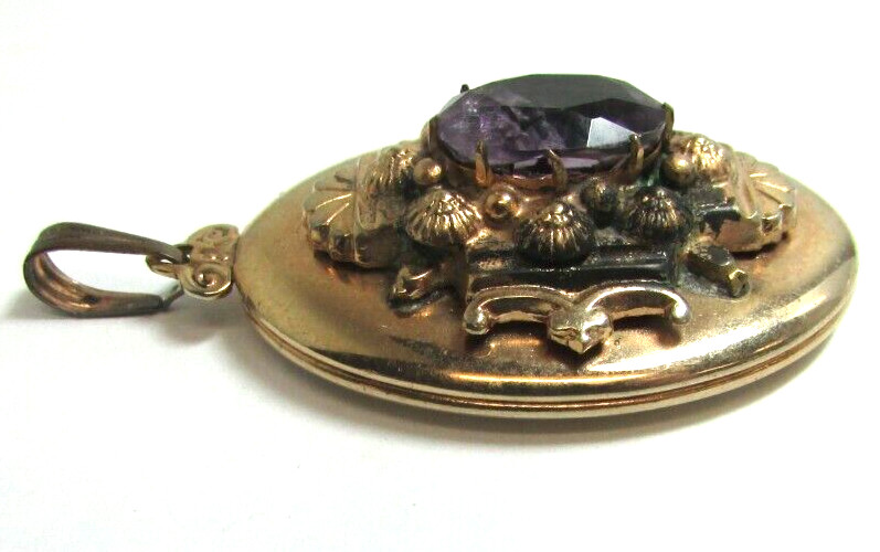 Vintage Art Deco Unmarked Gold Filled Oval Purple Stone Locket Pendant