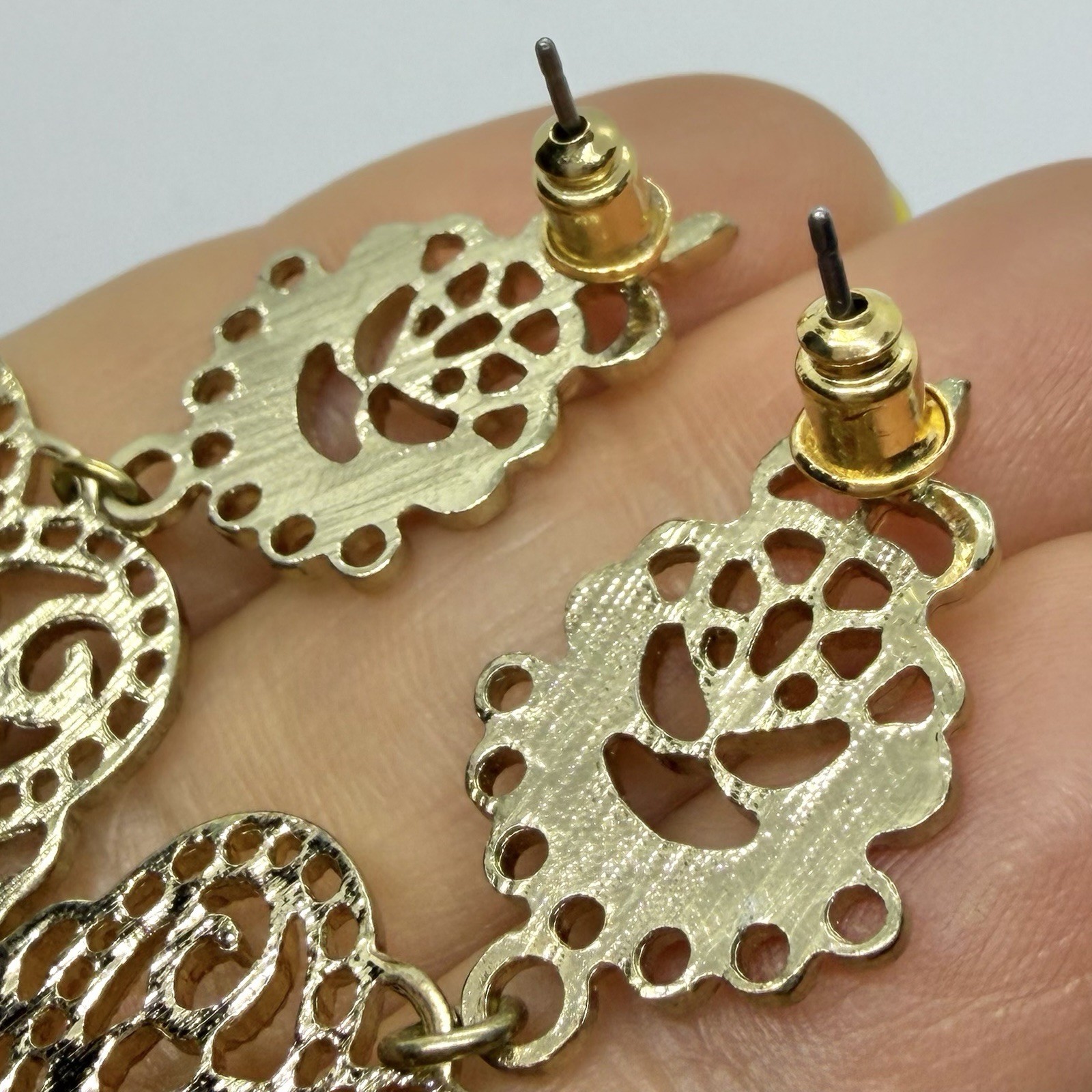 Vtg Large Victorian Revival Goldtone Drop Statement Earrings Post Dangle
