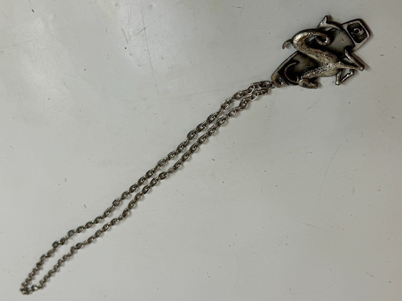 Vintage Cast Pewter? White Metal Capricorn Astrology Sea Goat Pendant Necklace
