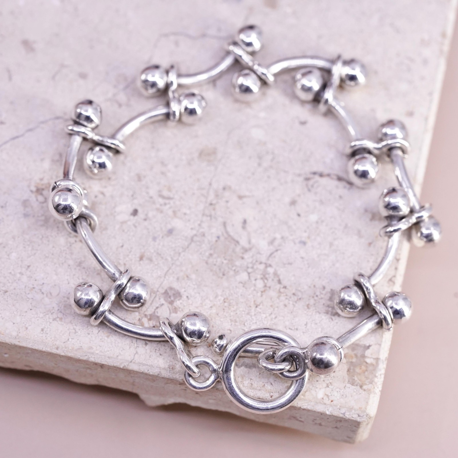 6.5”, vintage Sterling silver bracelet, 925 ball bar link chain toggle closure