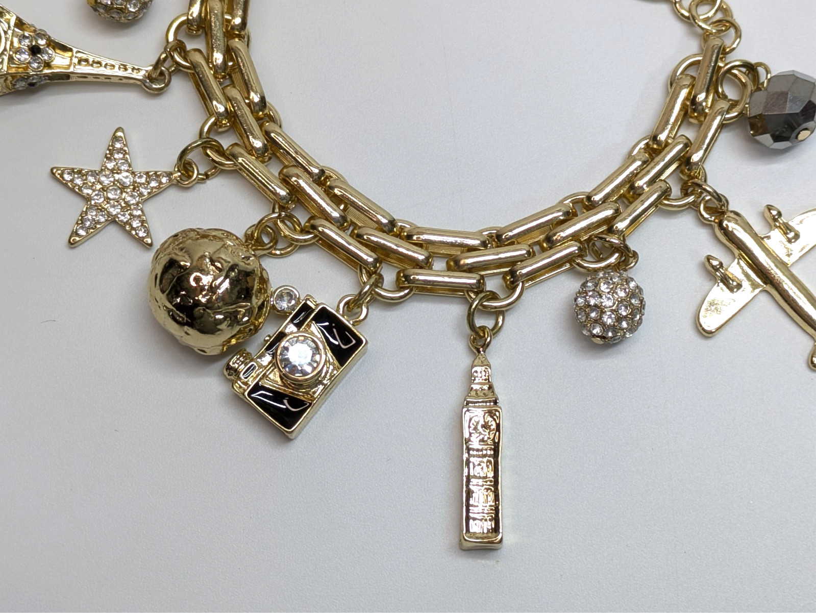 VTG Off Park Collection Gold Tone Travel Charm Bracelet Eiffel Tower Camera 8-9″