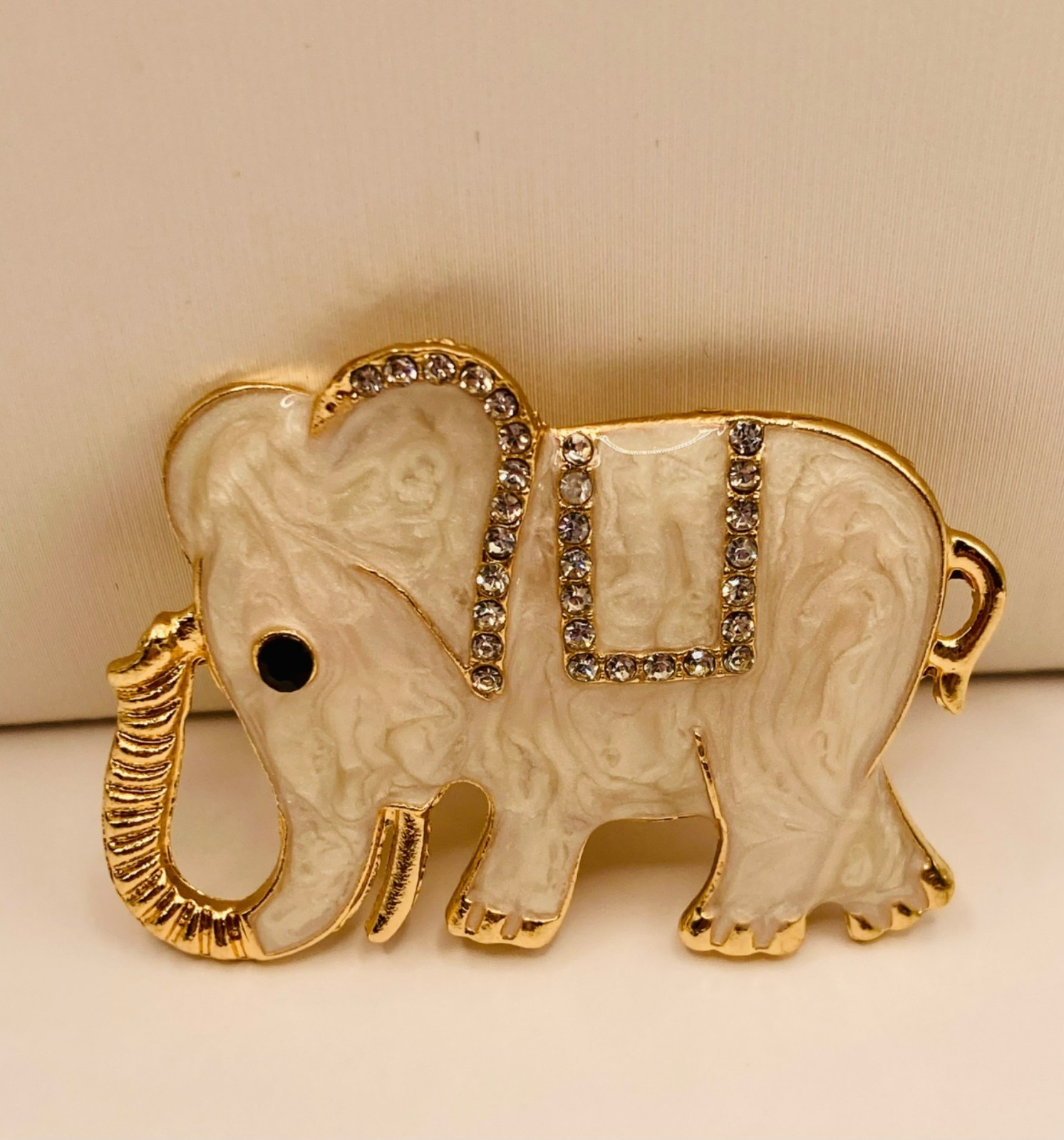 Gold-Tone Elephant Brooch Pin Rhinestones & White Enamel Finish -13B