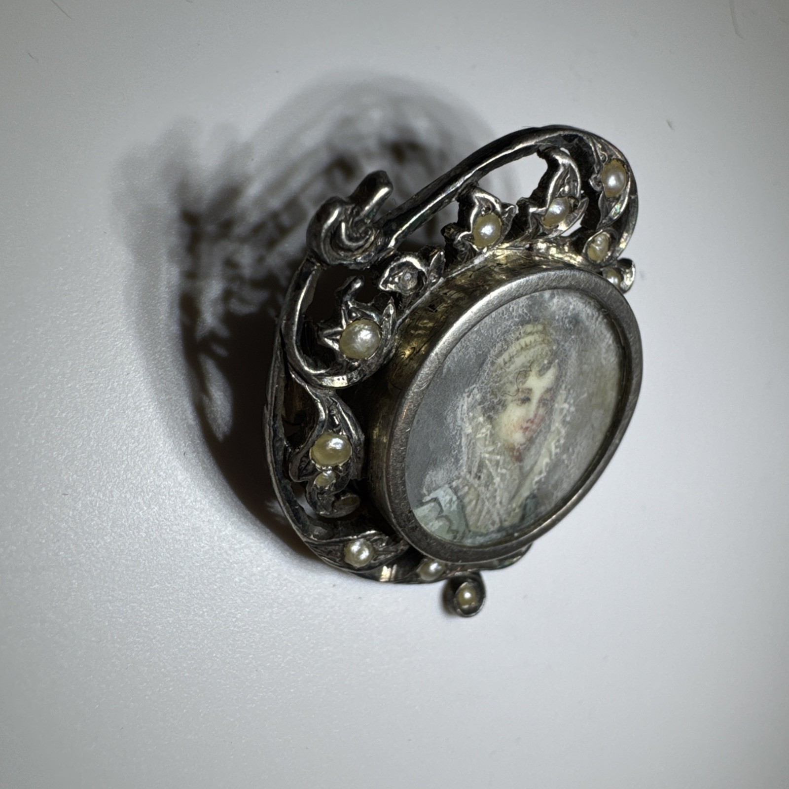 Antique Miniature Hand Painted Lady Rococo Portrait Brooch Seed Pearls READ