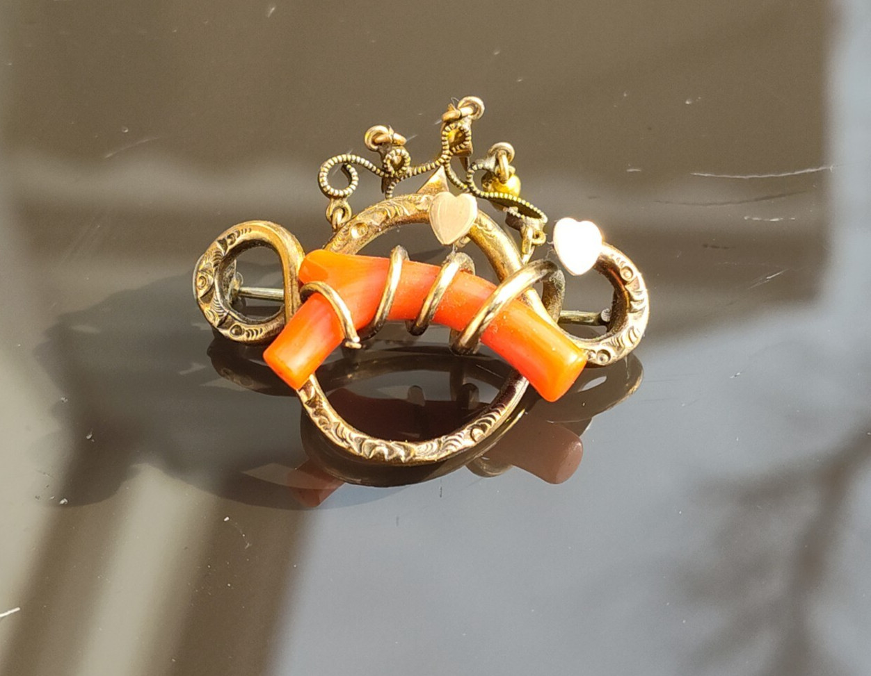 Antique 1800’s Victorian Gold Filled Red Coral Double Heart Love Knot Brooch/Pin