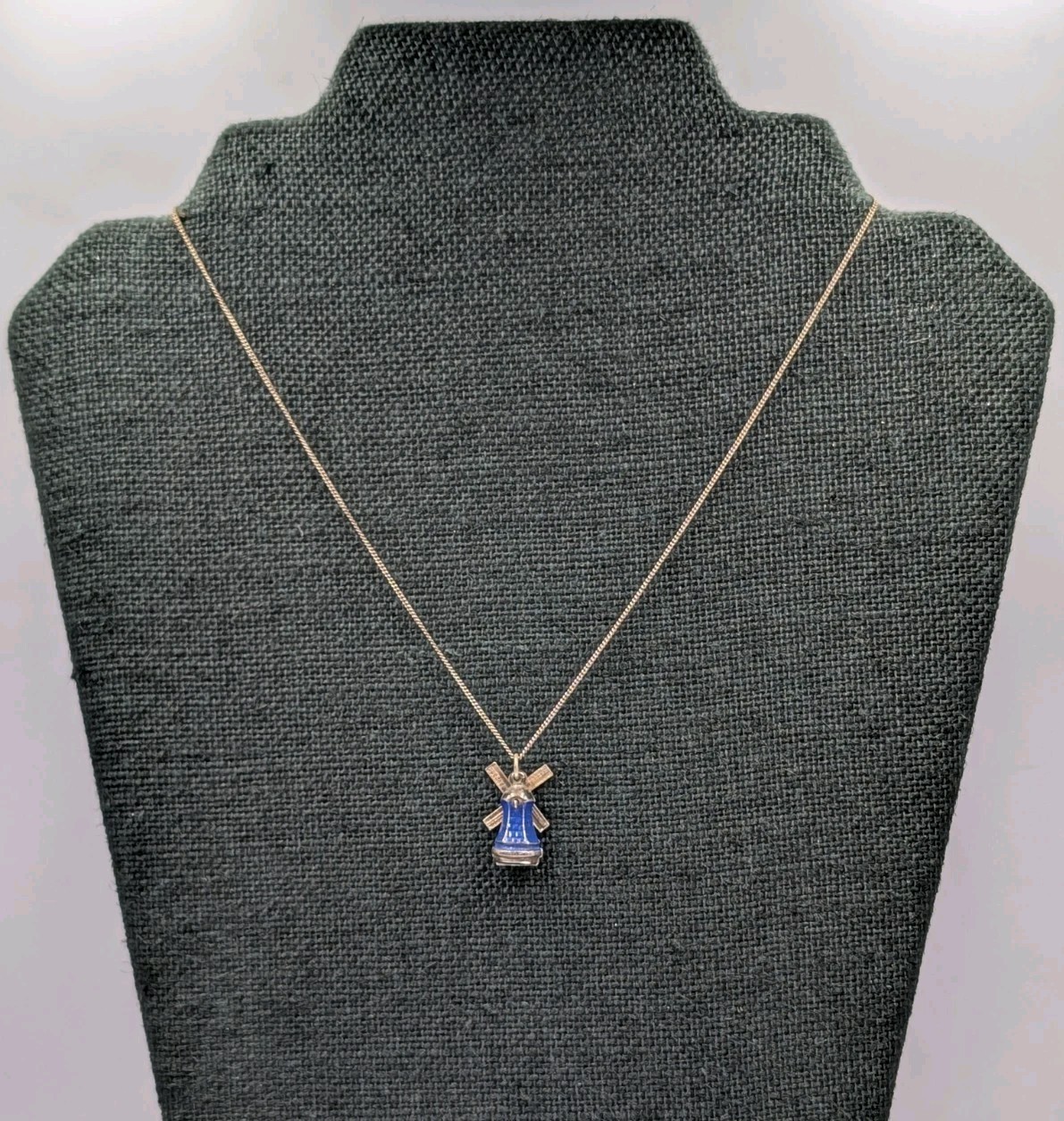 Antique 835 Silver Blue Enamel Articulated Windmill Pendant 16.75″ Curb Necklace