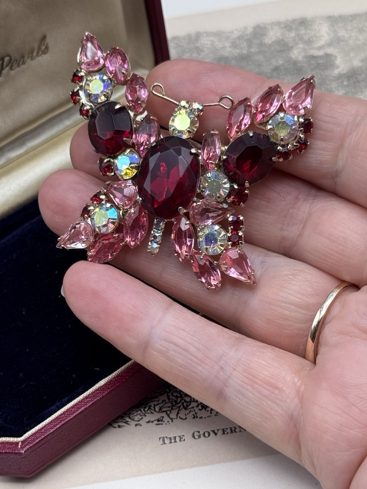 Vintage Butterfly Brooch Pink Red Rhinestone AB Crystal Goldtone Figural 2”