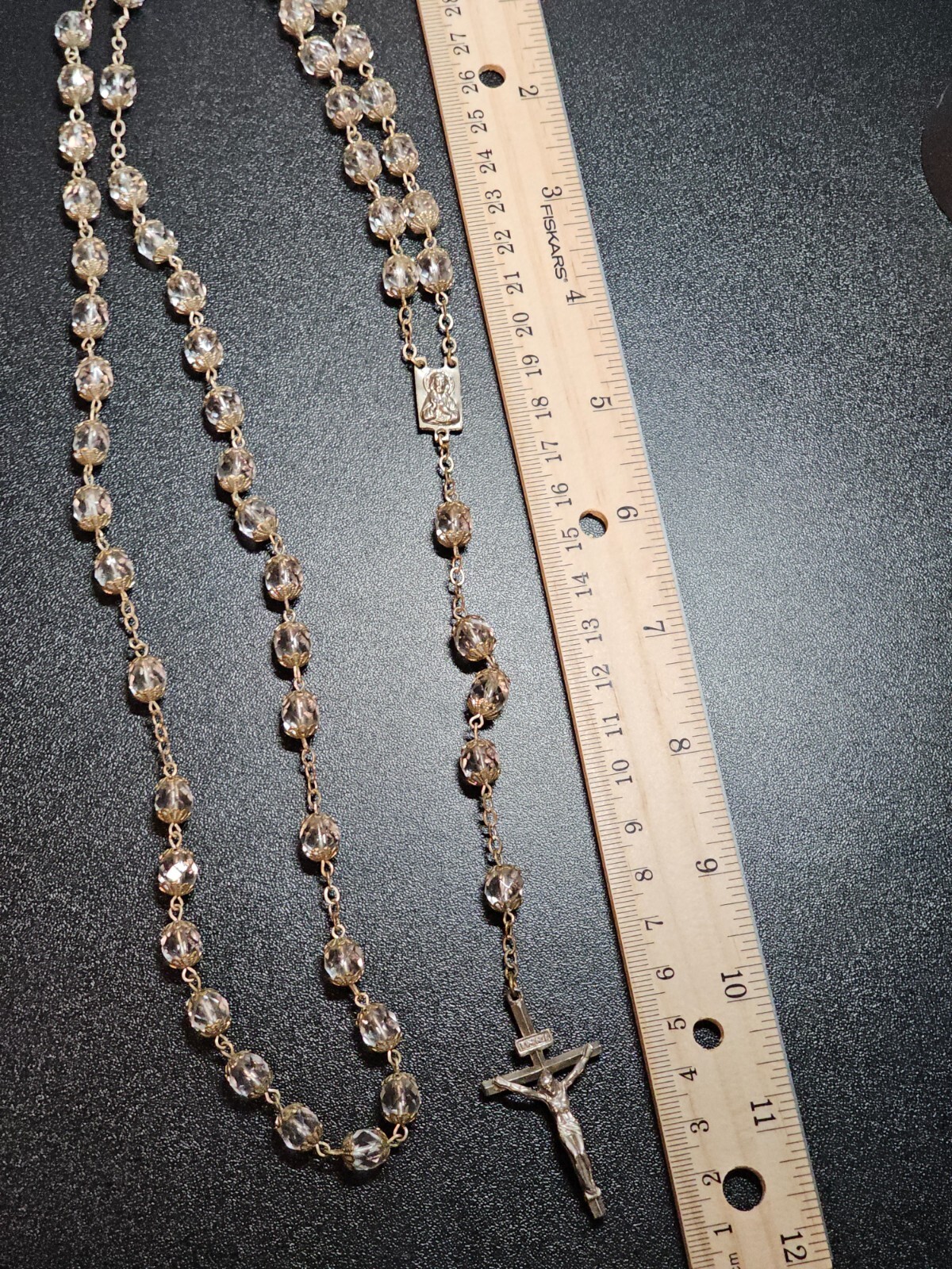 Vtg Crystal Glass Rosary Crucifix Necklace