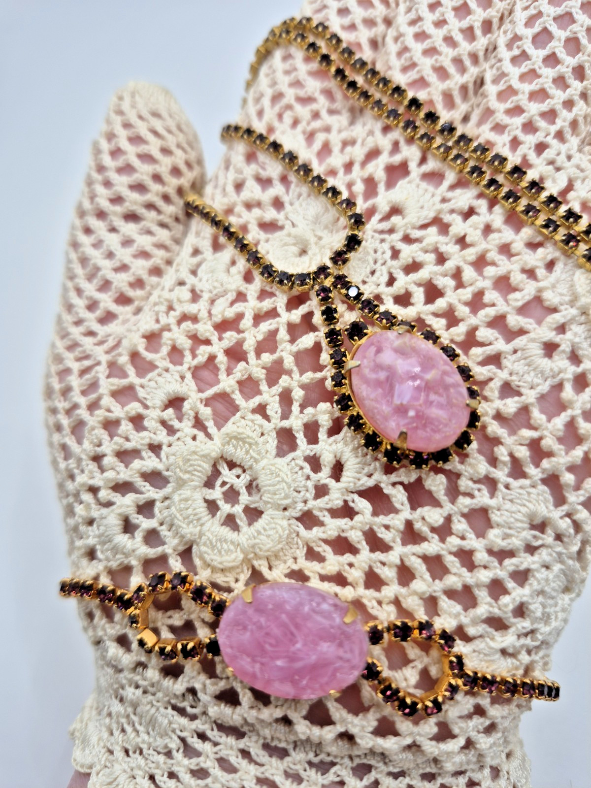 VTG CELEBRITY NY Necklace Bracelet Pink Geode/Pink Druzy w/ Purple Rhinestones