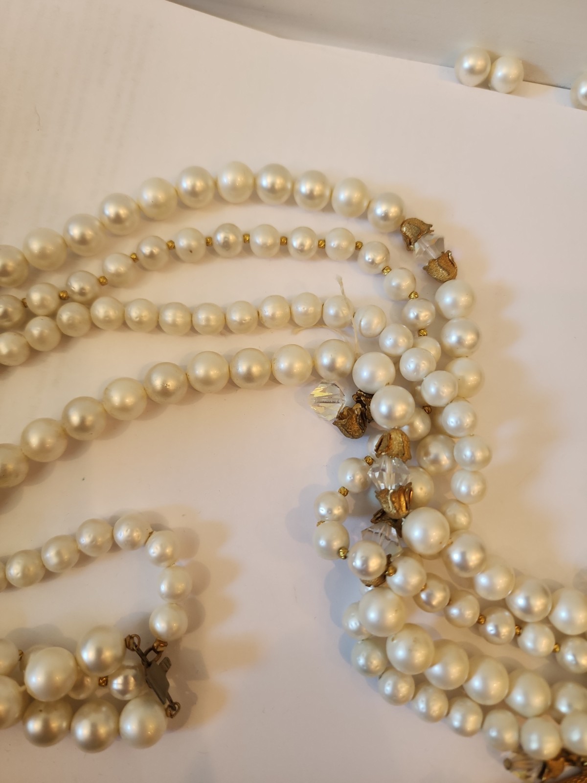 Unsigned Miriam Haskell Vintage 4 Strand Faux Pearl Necklace Gold Mesh Bow Flaws