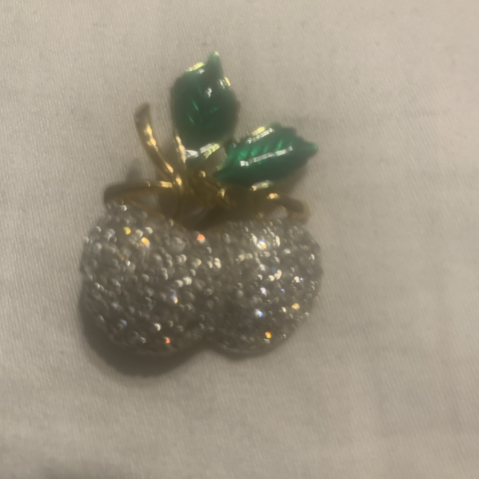 Vintage Rhinestones Apples Brooch Pin Marked AC Green Enamel Leaves Gold Tone