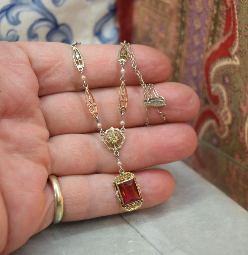 Antique Deco 10K Rose White Yellow Gold Red Ruby Glass necklace 17″