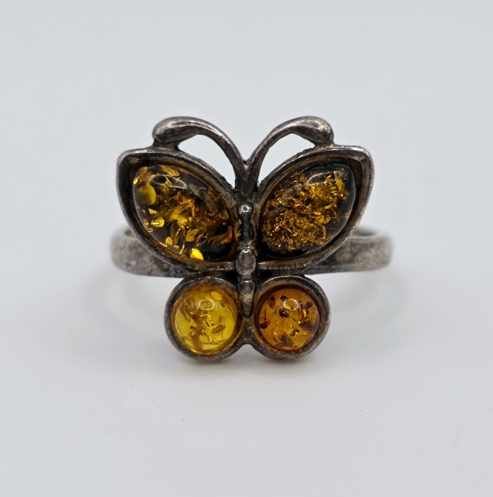 Vintage 925 Sterling Silver Baltic Amber Butterfly Ring Multi Color Size 7.5