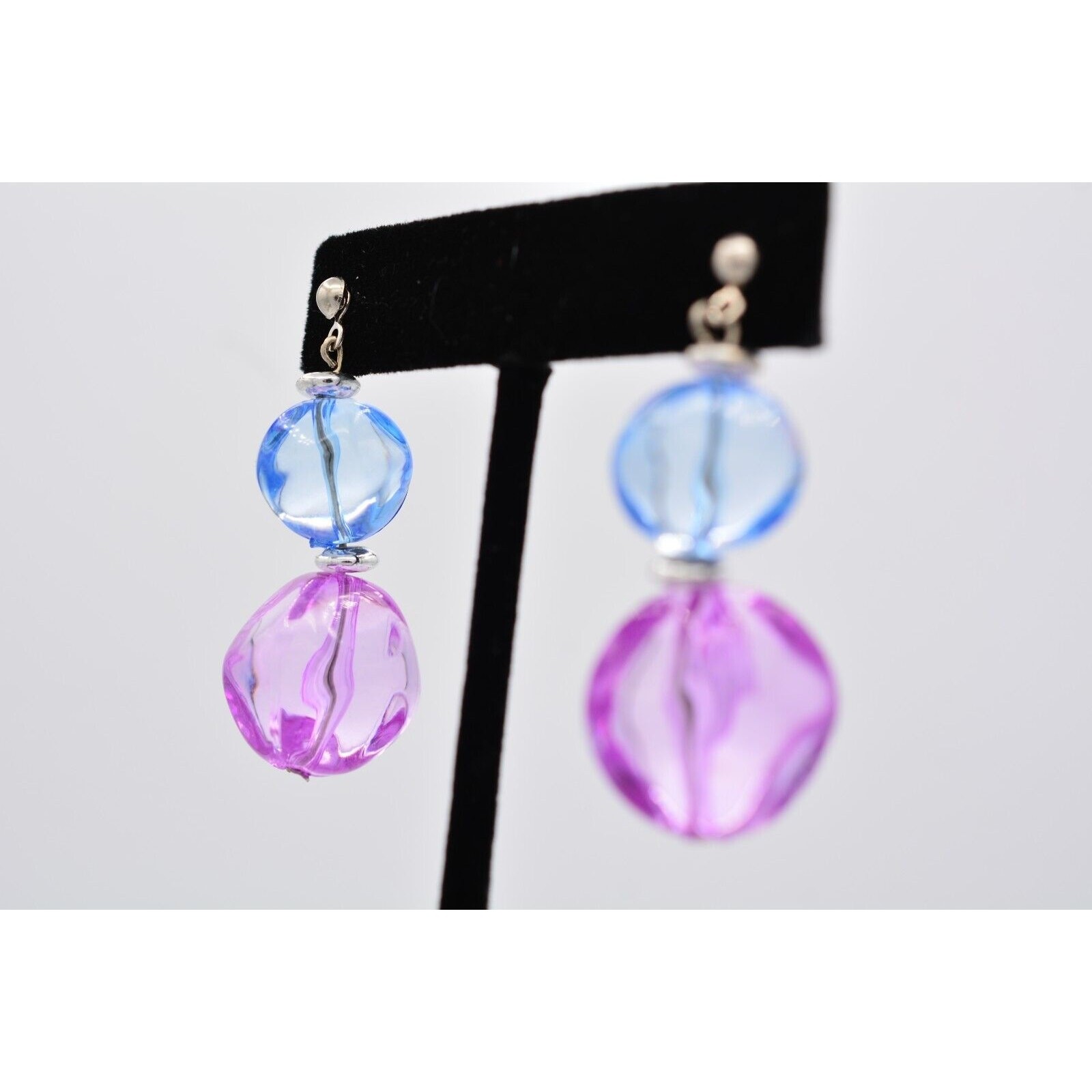 Vintage Lucite Beaded Dangle Earrings Blue Juicy Pink Drop Chunky Bright 80s W1