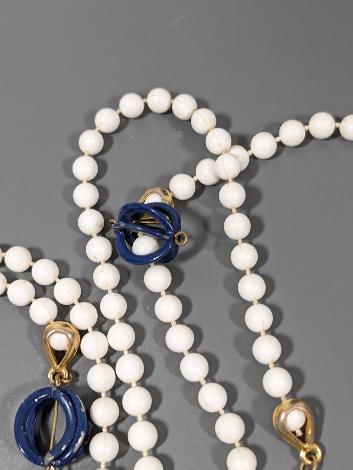 Vintage White Beaded Very Long Necklace Blue Accent Layering 54 in Opera