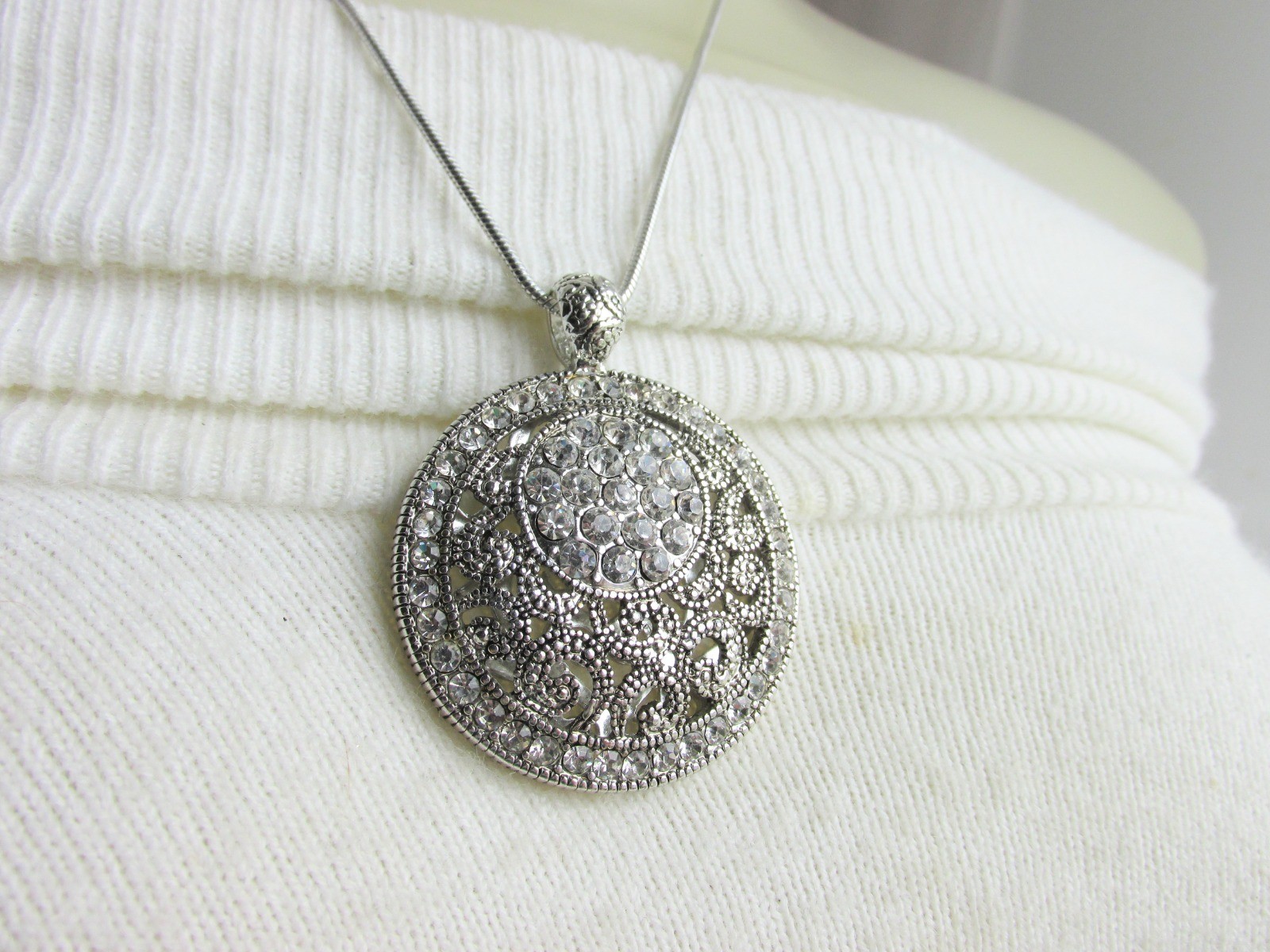 Super Sparkler Rhinestone Pendant 17″-18″ Necklace Snake Chain Silver Plate