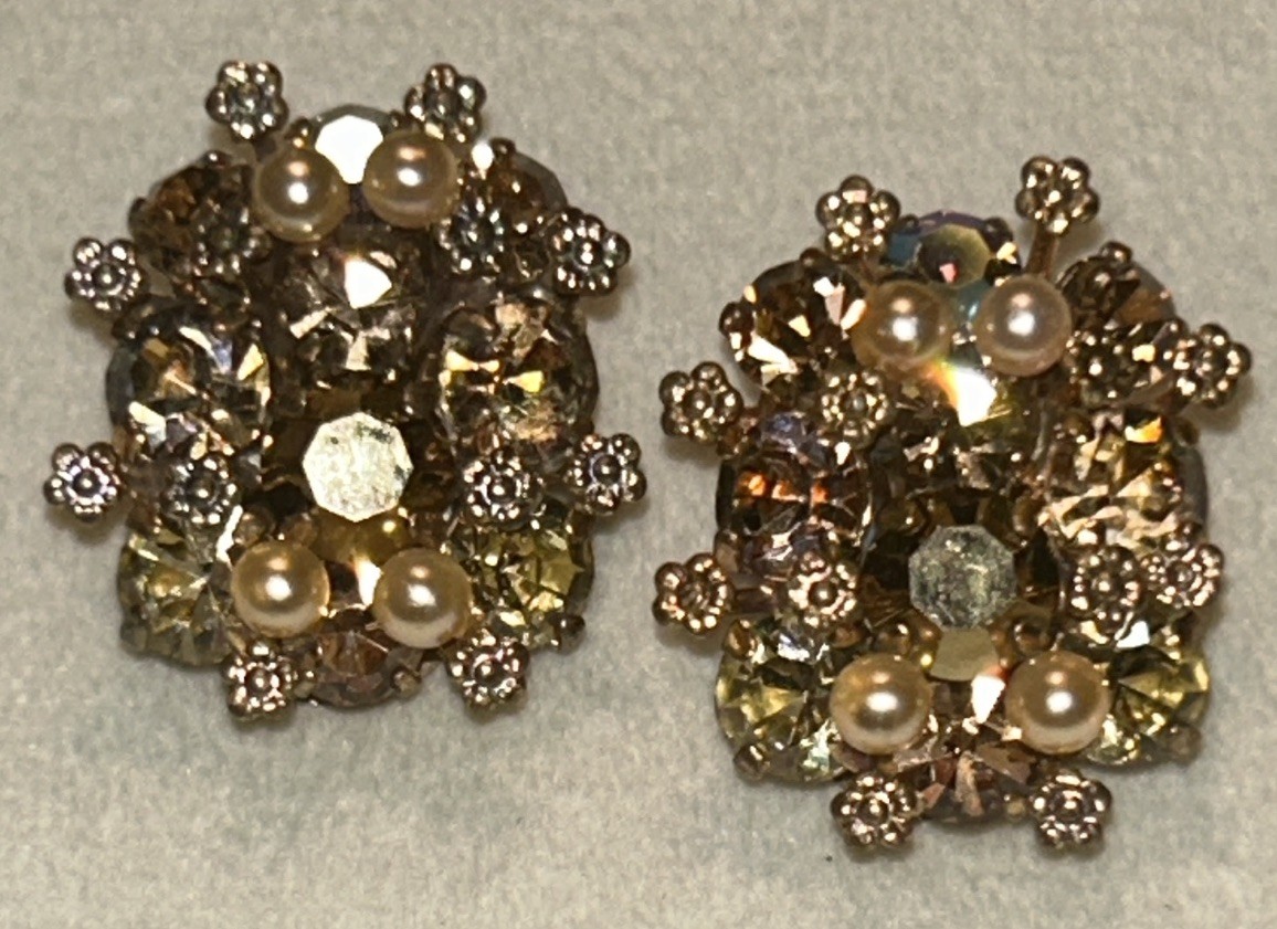 Vintage Austria Bronze Rhinestone & Pearl Cluster Earrings Clip On AB Crystal 1”