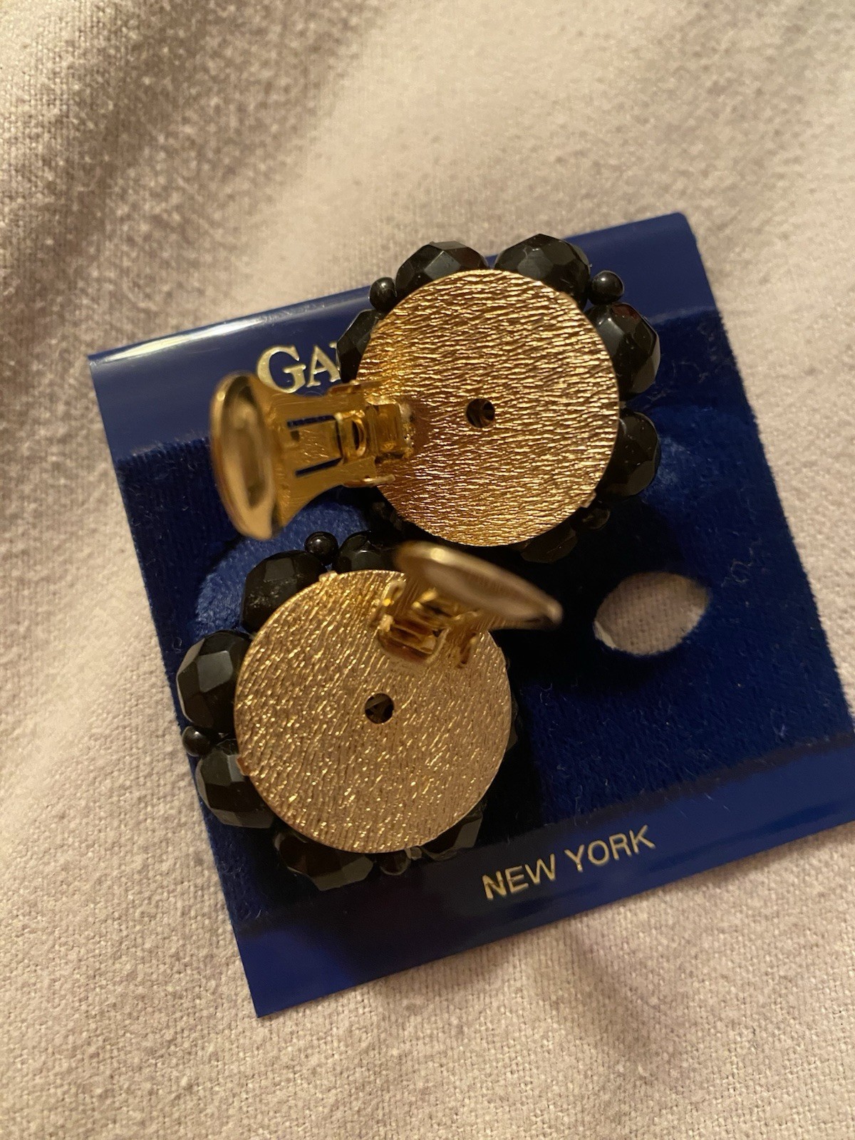 Gay Boyer Vintage Clip On Earrings Round Black Shimmer Enamel Gold Tone Flowers