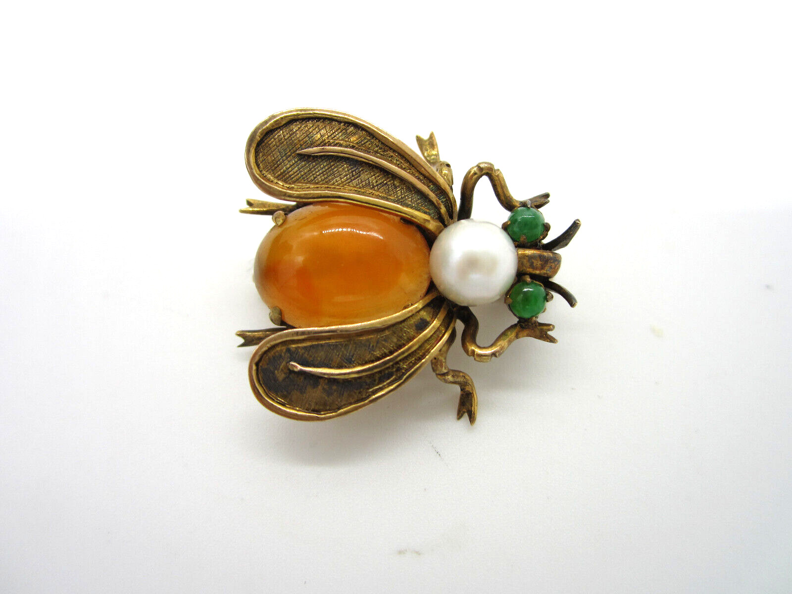 Estate Vintage 14k Yellow Gold Orange Opal Pearl Jade Fly Insect Bee Brooch