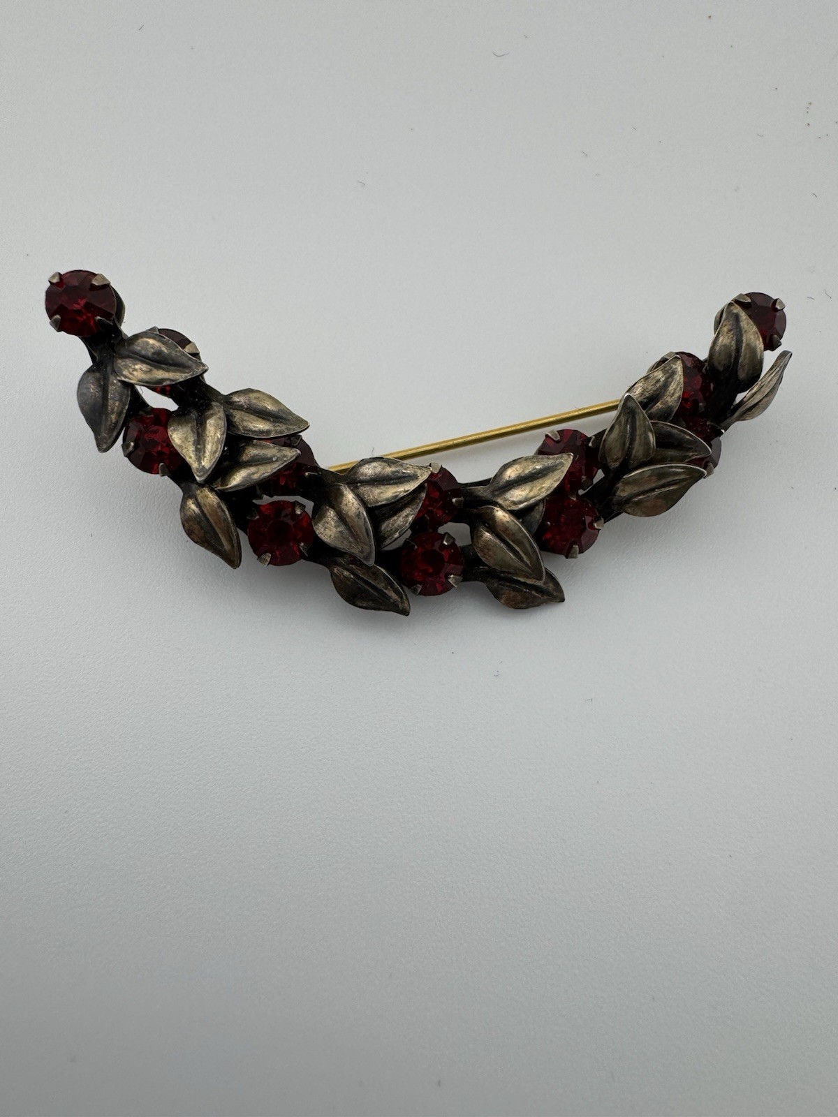 Vintage 1940’s Sterling Silver Ruby Red Crescent Leaf Brooch – READ NOTES