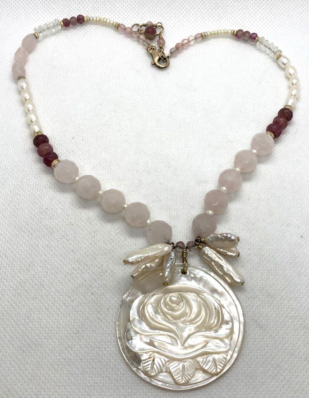 Vintage Rose Quartz Carved Mother of Pearl Tourmaline 18” Necklace 14/20 GF 44g