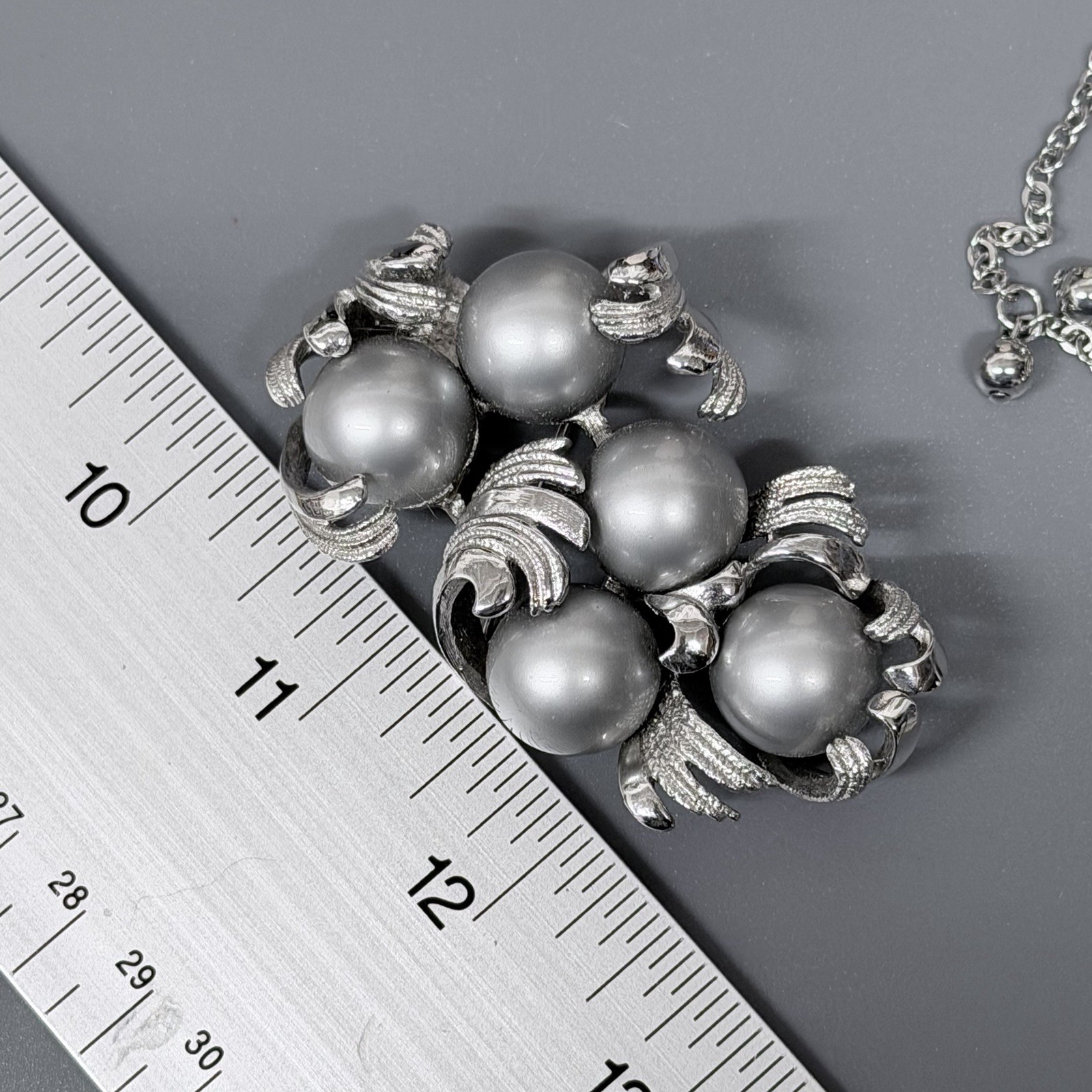 Vintage Tassel Necklace Multi Chain Gray Faux Pearl Clip Earrings Brooch Set