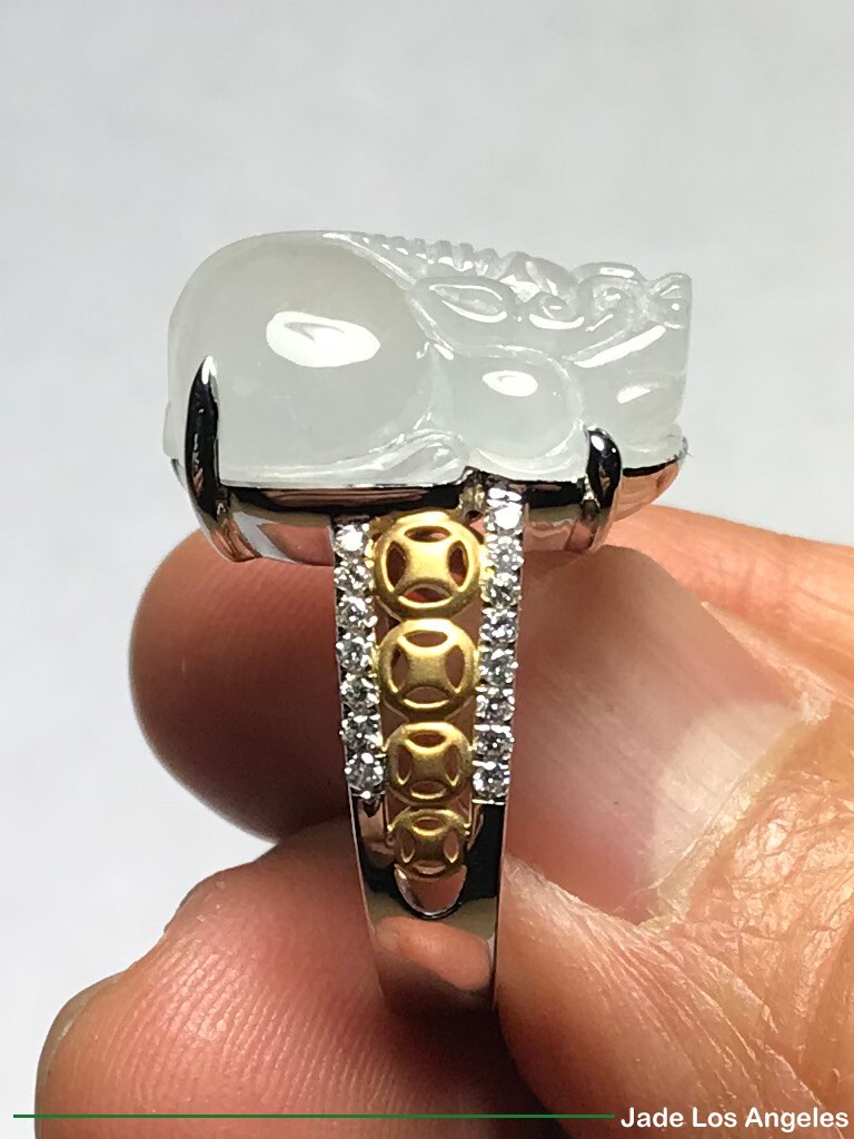 Pi Xiu Pixiu Icy Jadeite Jade 18K White/Rose Gold Diamond Ring 45ct Size:7.5
