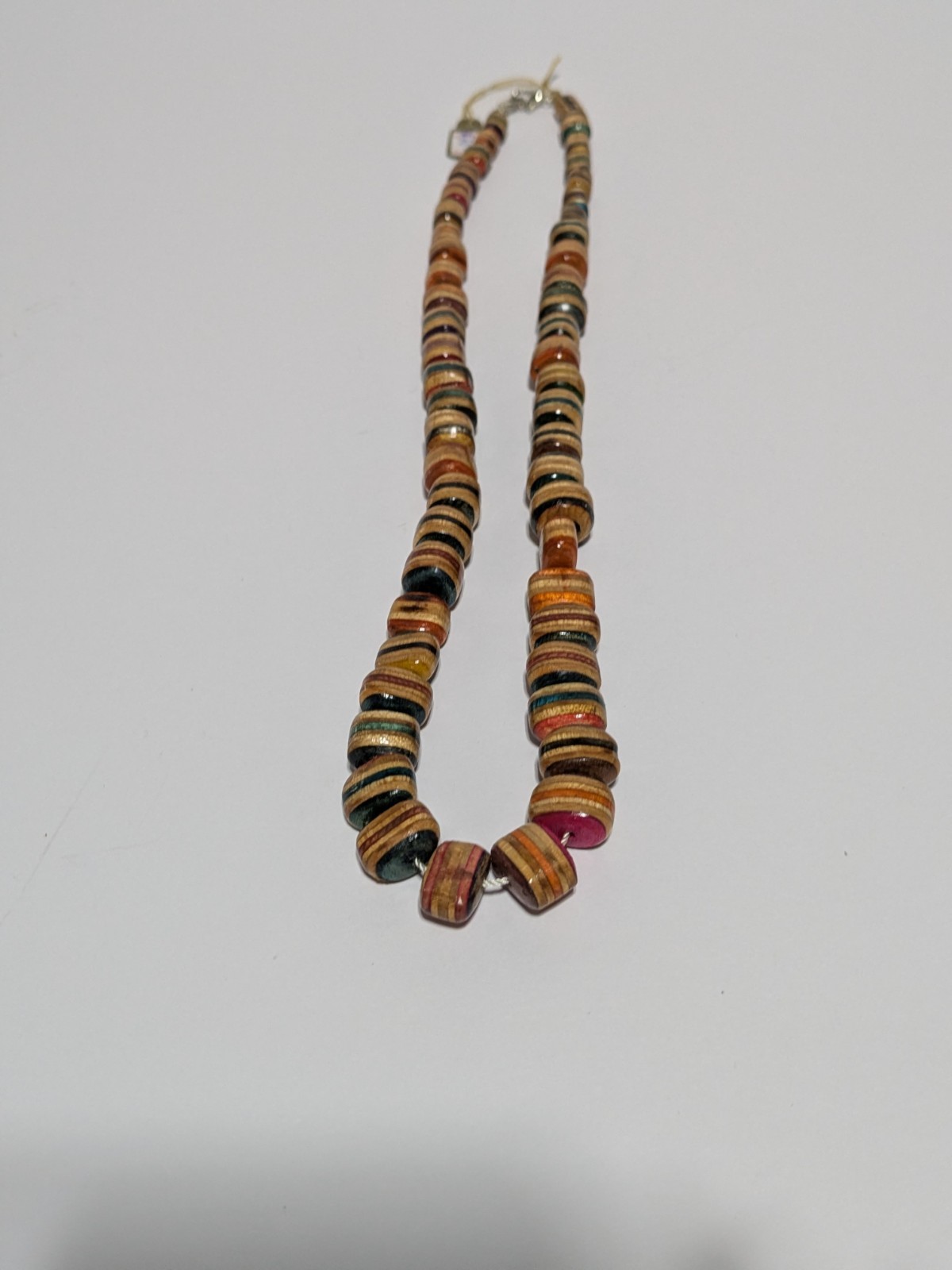 Vintage Multicolor Wood Bead Handmade Necklace. Silver Tone End Caps. 21″ BOHO