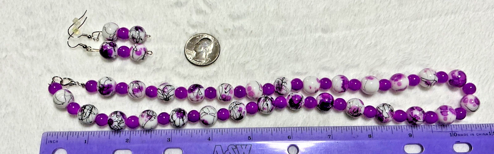 Vintage Violet Purple White Black Splatter Glass Beaded Necklace & Earrings Set