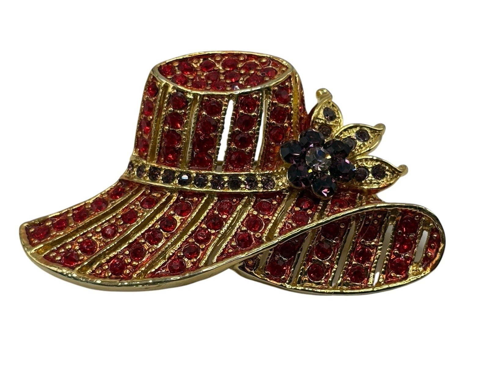 Vintage Red Hat Society Brooch Pin Red & Purple Rhinestones Gold Tone Flower
