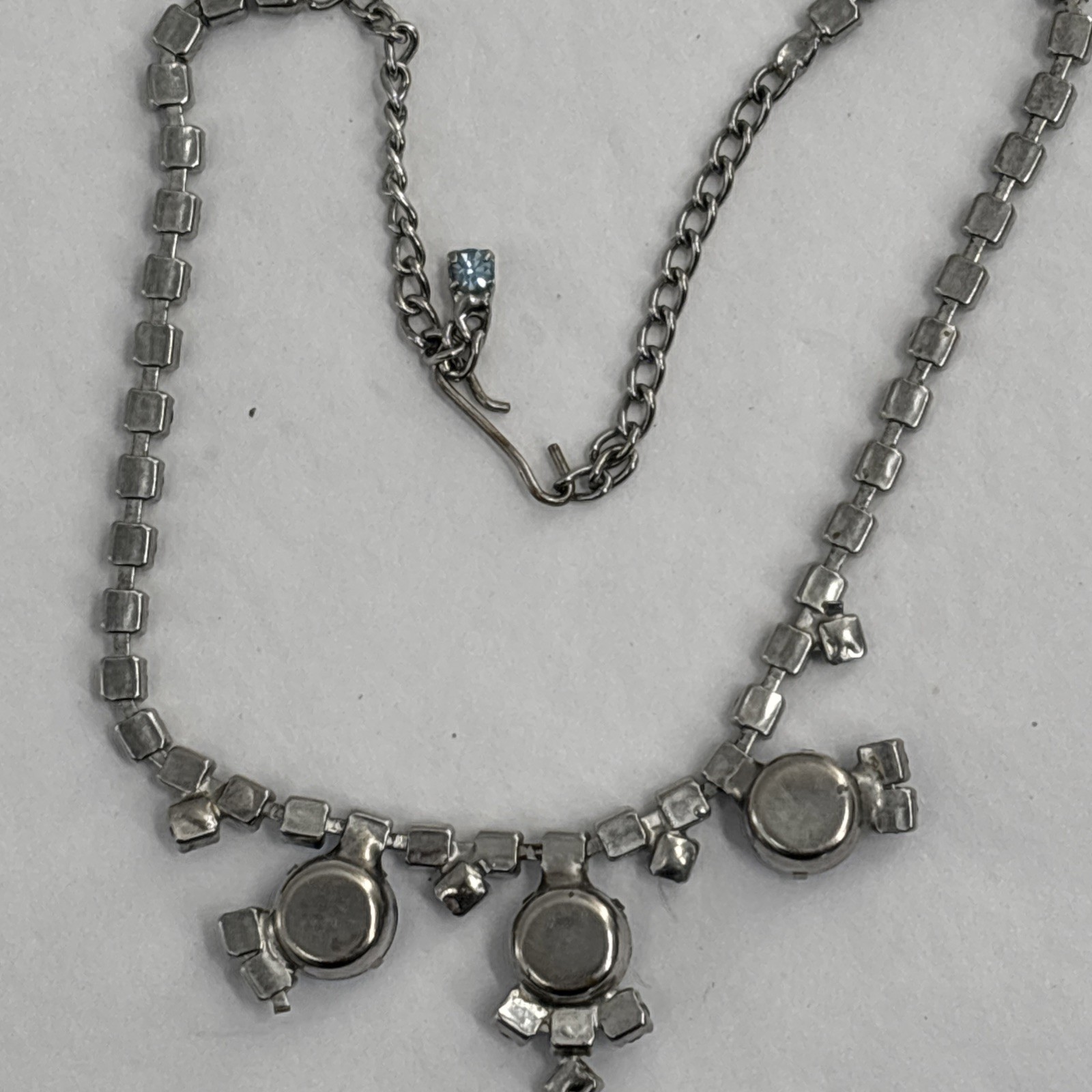 Vtg 1950s Necklace Triple Drop Choker Aquamarine Ice Blue Rhinestone Silver Tone
