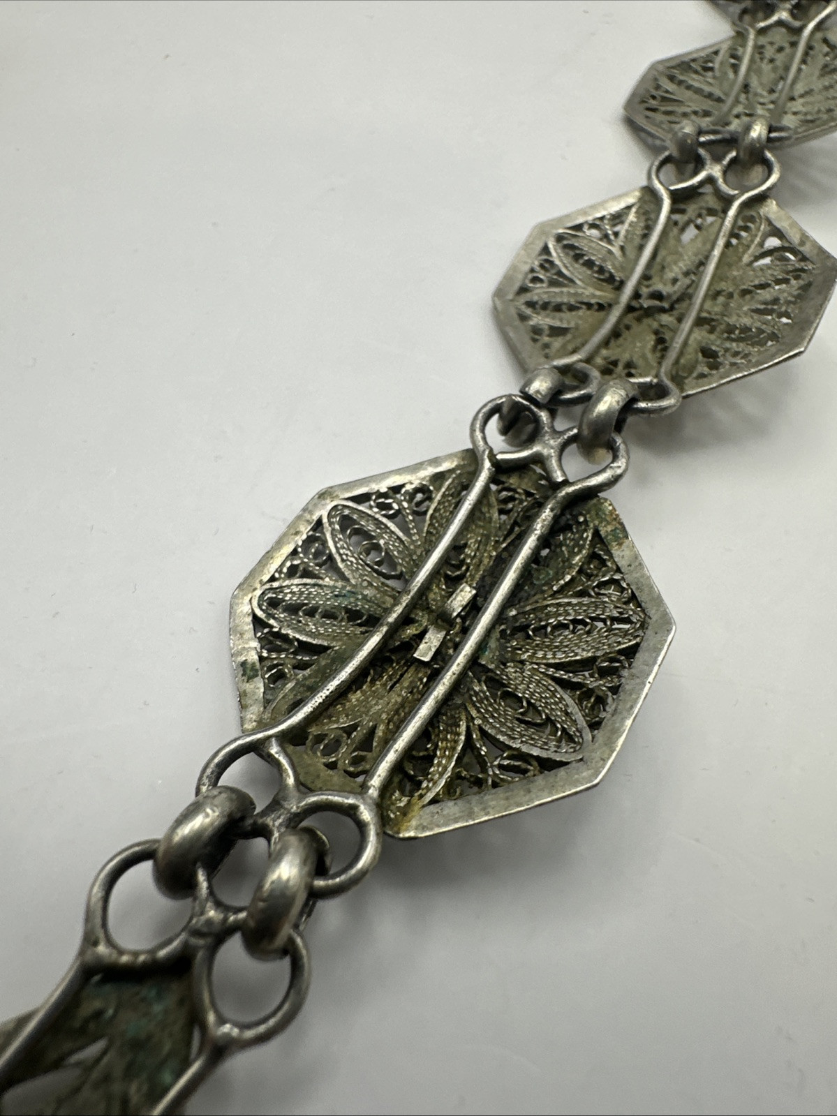 Antique 800 Silver Filigree Necklace Hearts Flowers Front Close English Hallmark