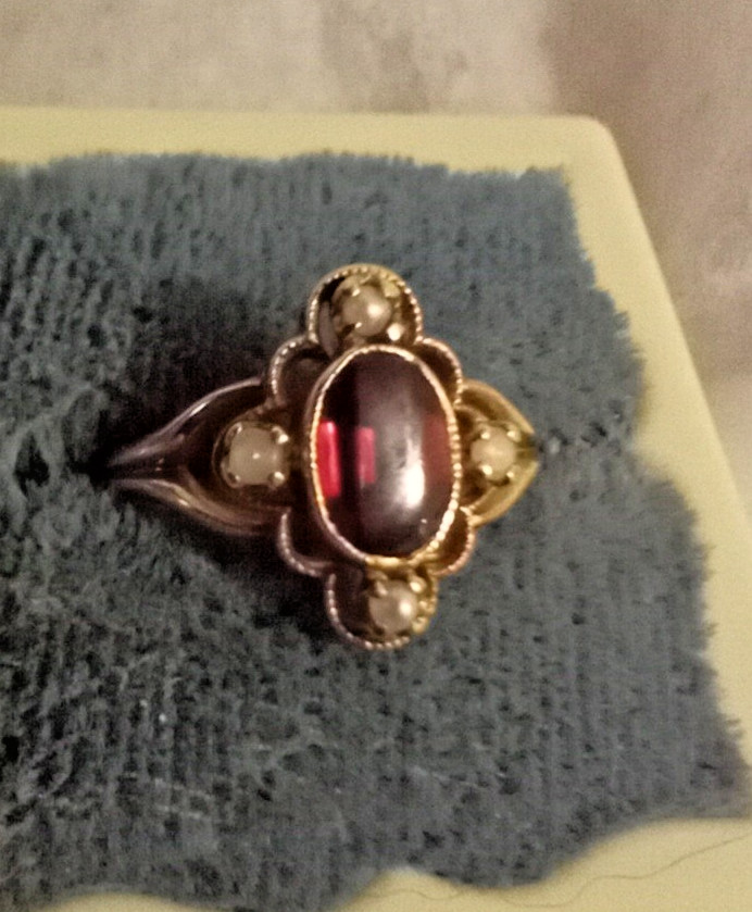 MARVELOUS ANTIQUE OSTBY BARTON 10K GOLD RED STONE SEED PEARL RING SZ 6.75 OB