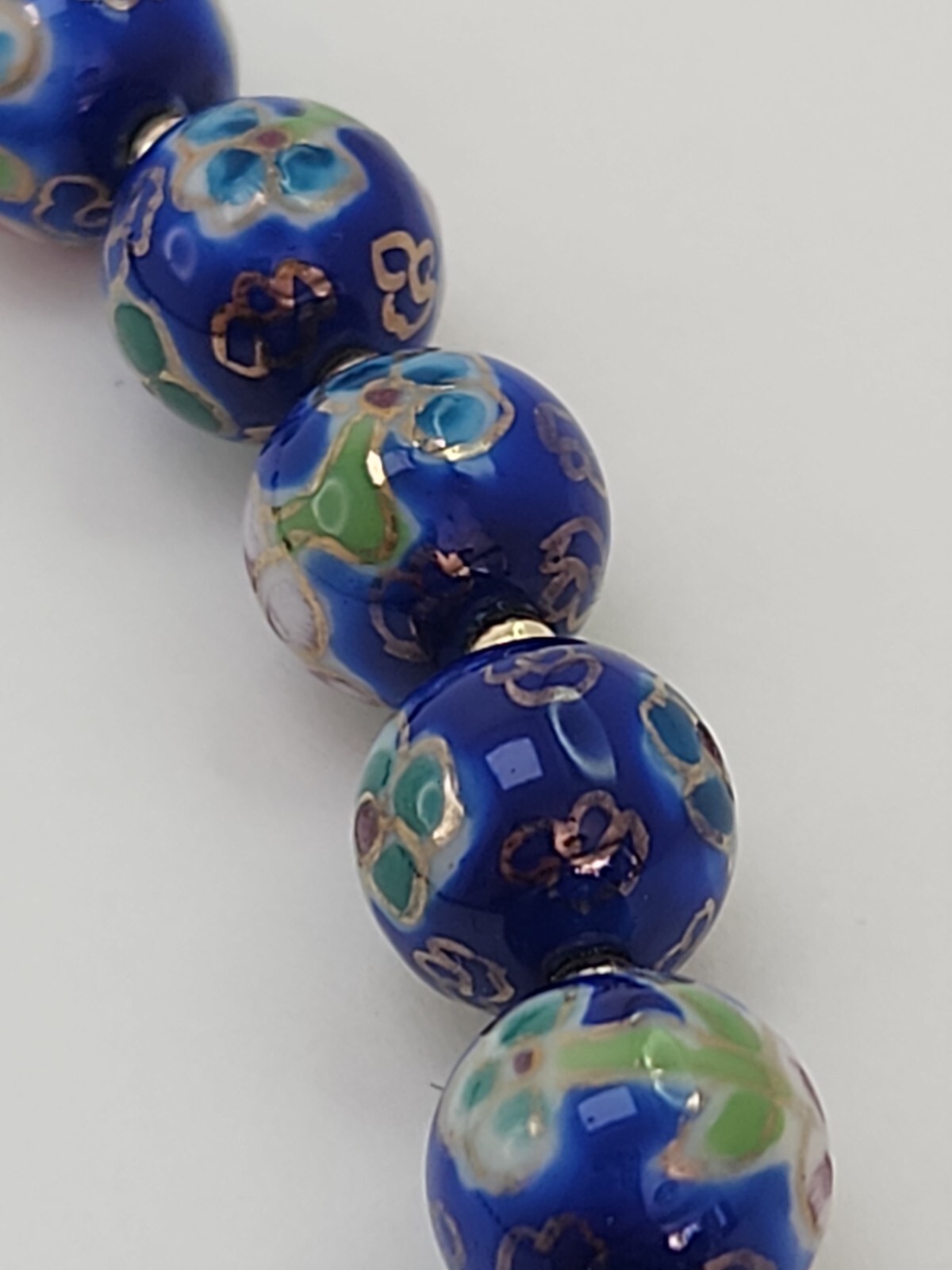 Vintage Japanese Cloisonne Bead Floral Necklace, Blue Pink and Green 22 Inches